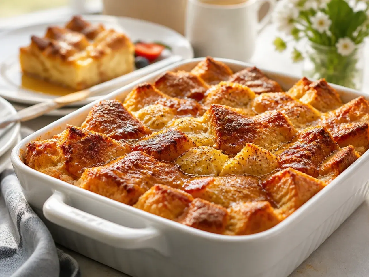 A large baking dish of French toast casserole cut into squares for a crowd