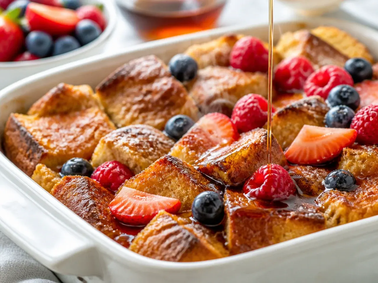 An unbaked French toast casserole covered in foil ready to go into the freezer