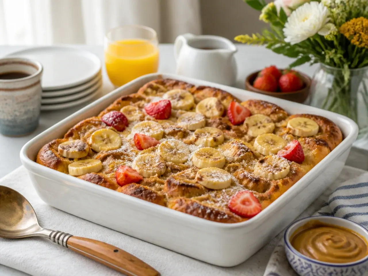 French toast casserole with sliced banana and a peanut butter swirl, dotted with chocolate chips
