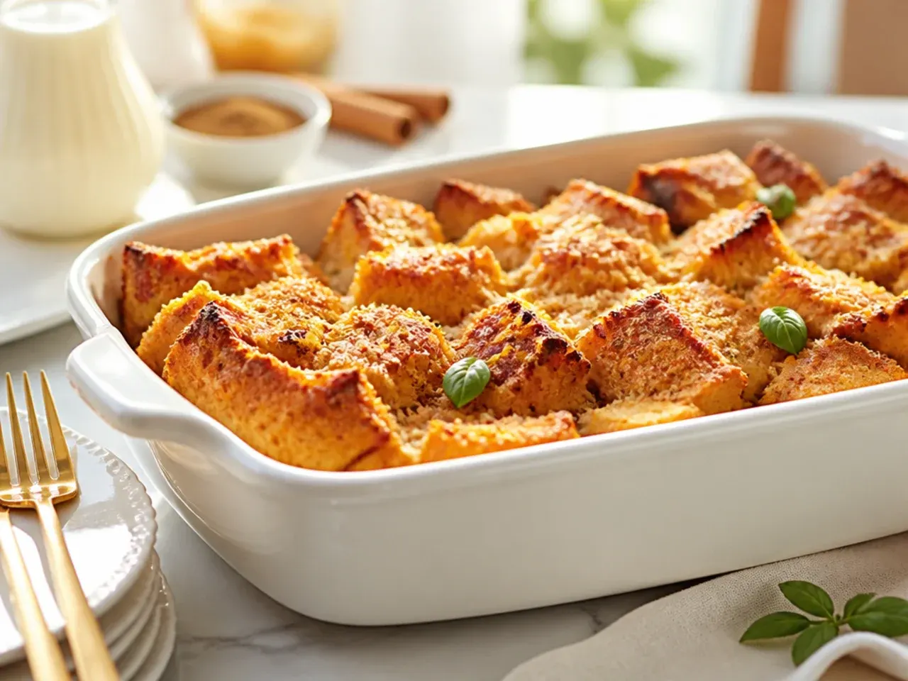 Festive French toast casserole made with eggnog, dusted with nutmeg and cinnamon