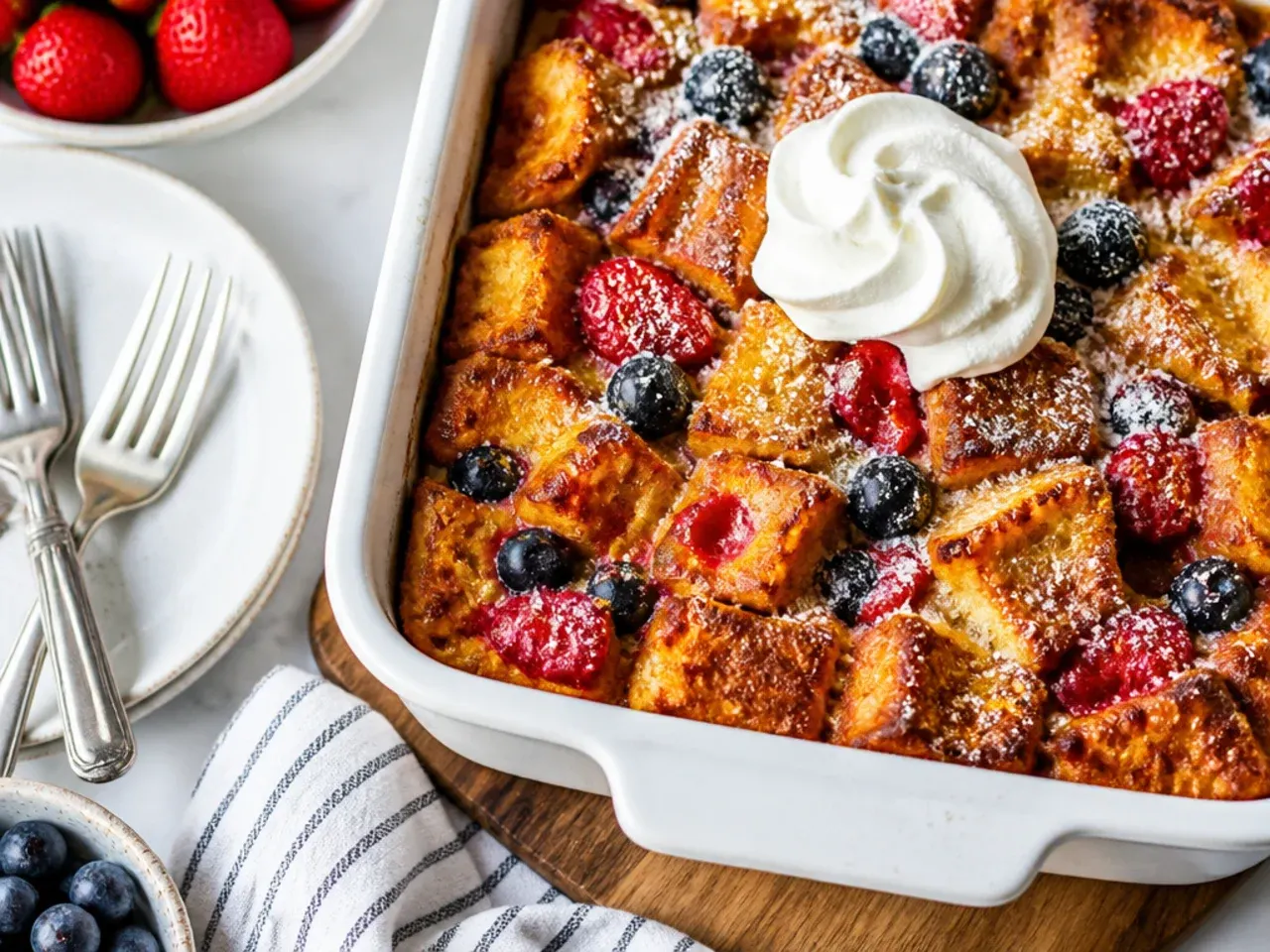 A shallow dish of quick-bake French toast casserole fresh from the oven