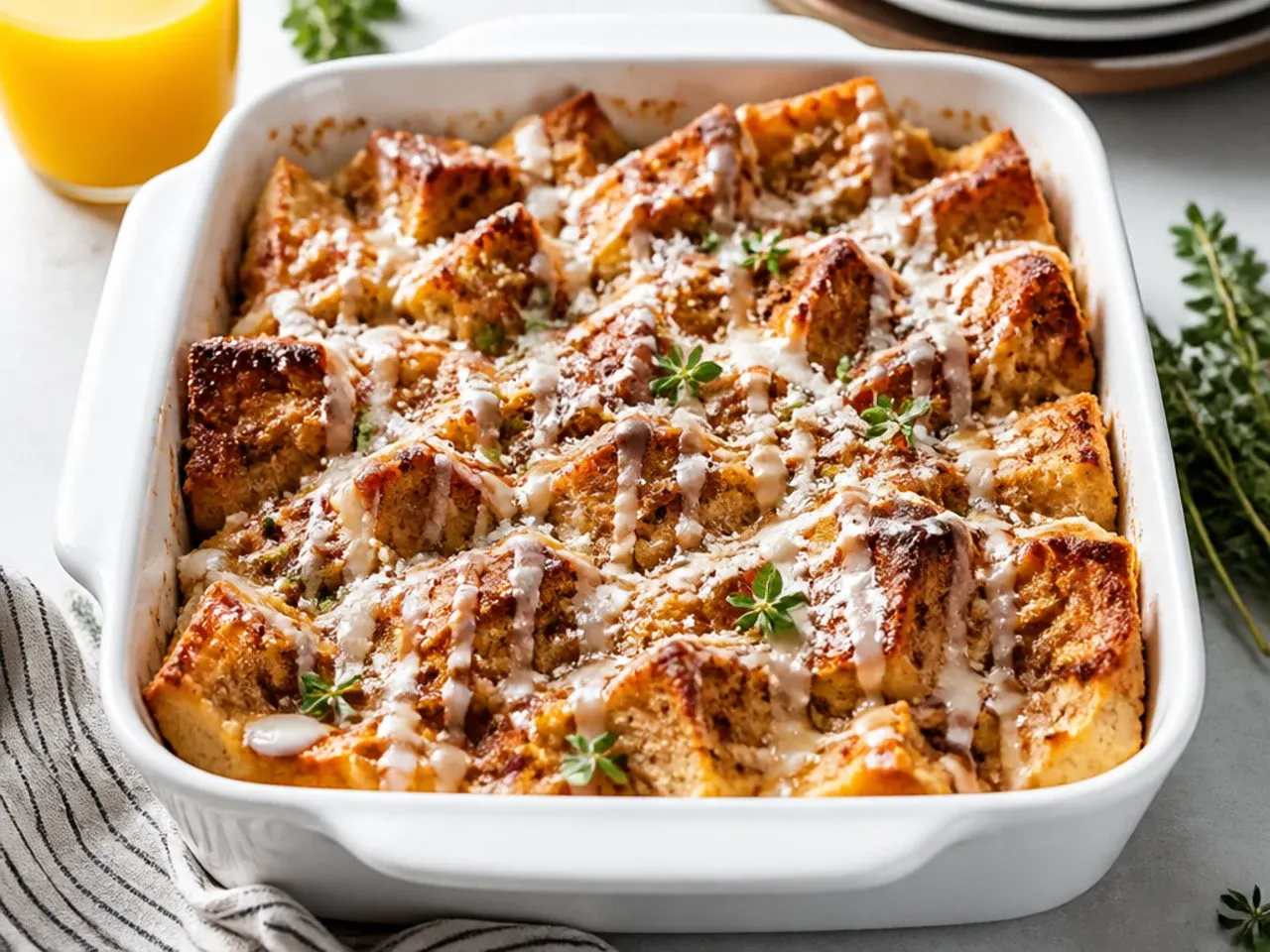 French toast casserole made from quartered cinnamon rolls drizzled with icing