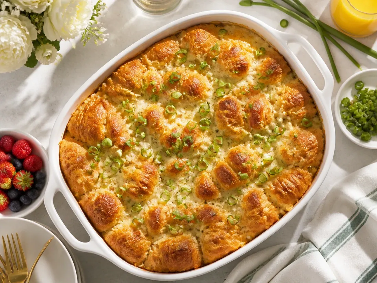 Torn croissant pieces soaking in custard before being baked into a golden casserole