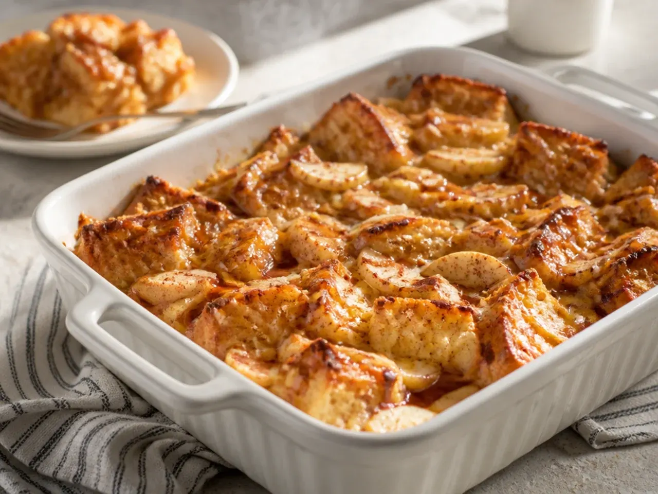 Sautéed cinnamon apple slices being layered through French toast casserole