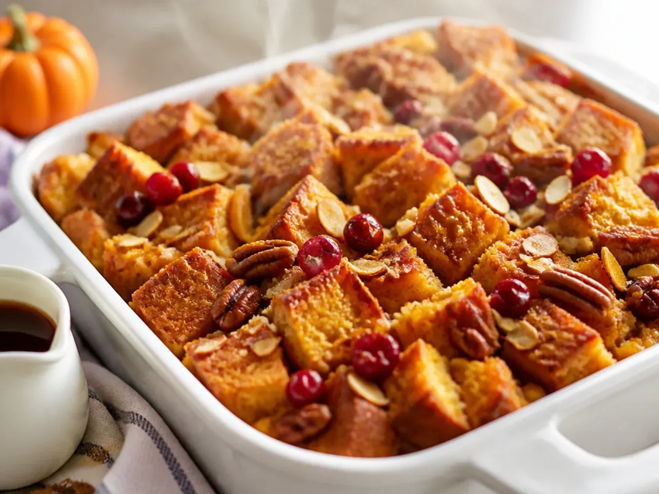 Pumpkin spice French toast casserole topped with a spiced streusel
