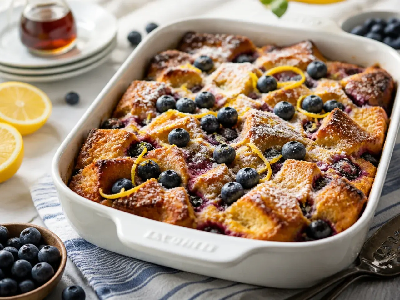 French toast casserole studded with fresh blueberries and finished with a lemon glaze