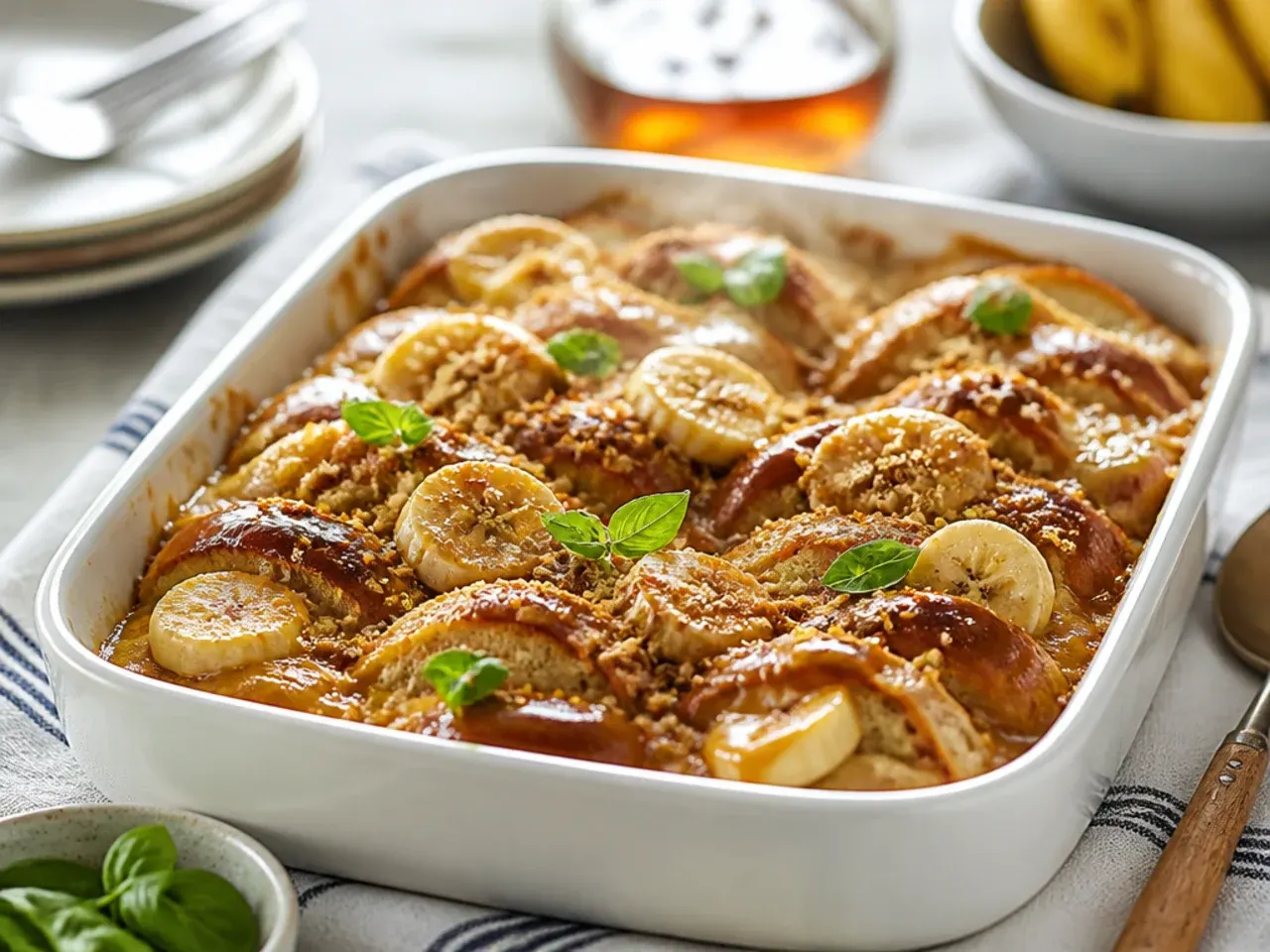 French toast casserole layered with banana and caramel, topped with crushed biscuit