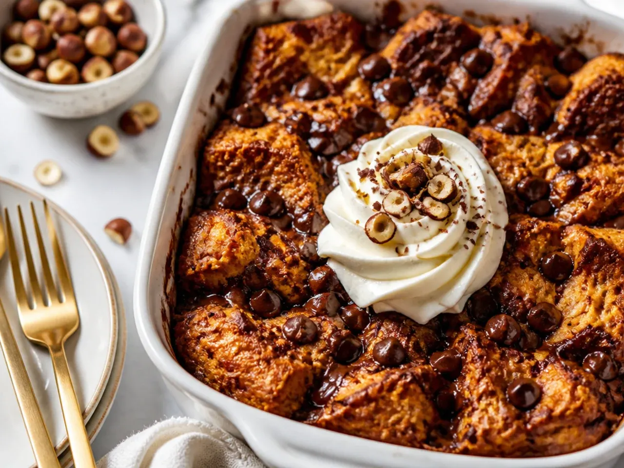 French toast casserole with swirls of chocolate hazelnut spread and chopped hazelnuts on top
