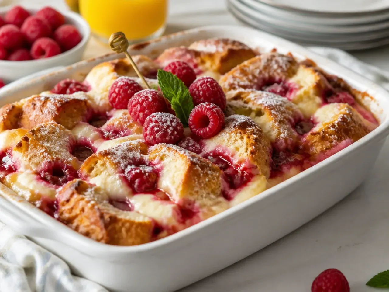 French toast casserole studded with raspberries and pockets of sweetened cream cheese