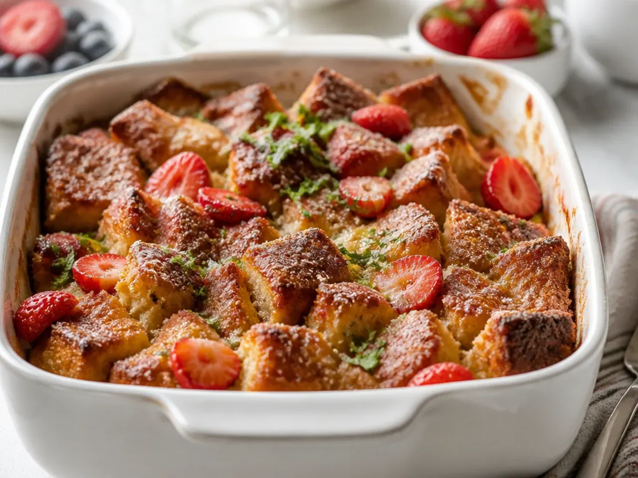 Dairy-free French toast casserole made with oat milk and dairy-free spread