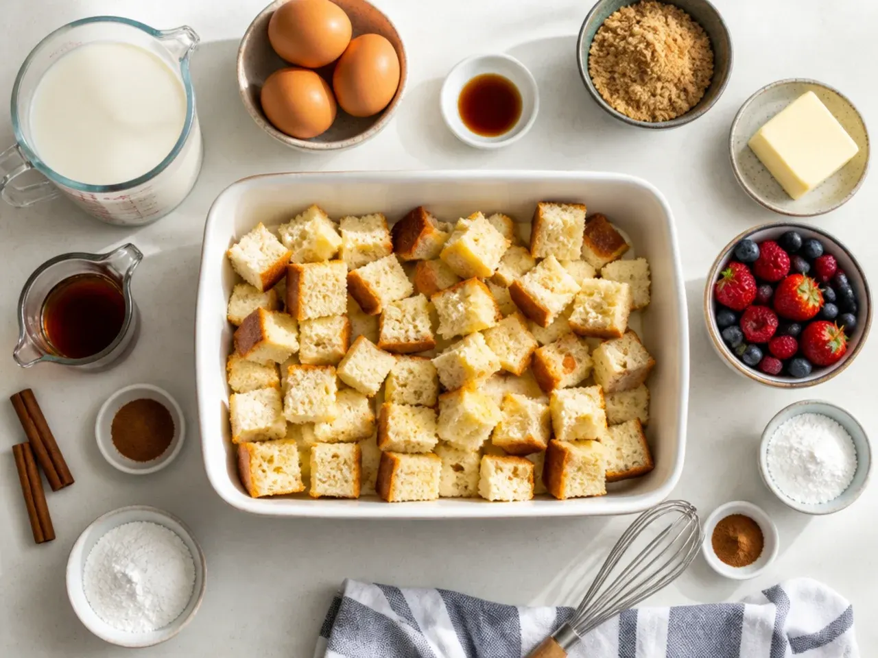 A thin knife being inserted into the centre of a baked French toast casserole to check doneness