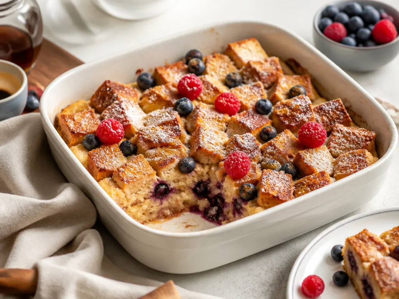 A slice of French toast casserole plated with berries, whipped cream and a side of crispy bacon