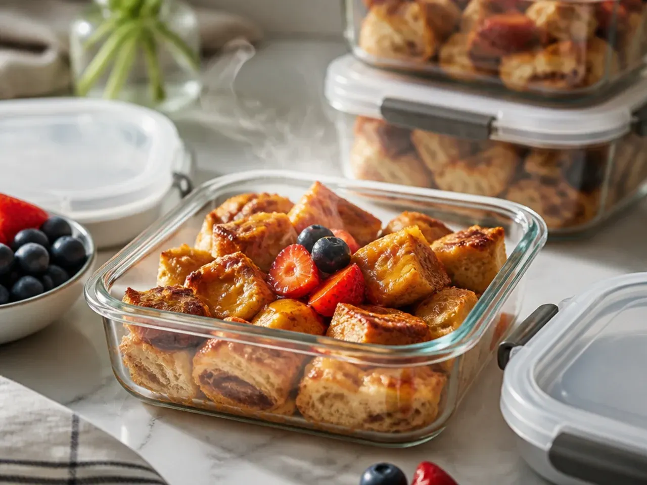 Leftover French toast casserole slices being reheated in a foil-covered baking dish