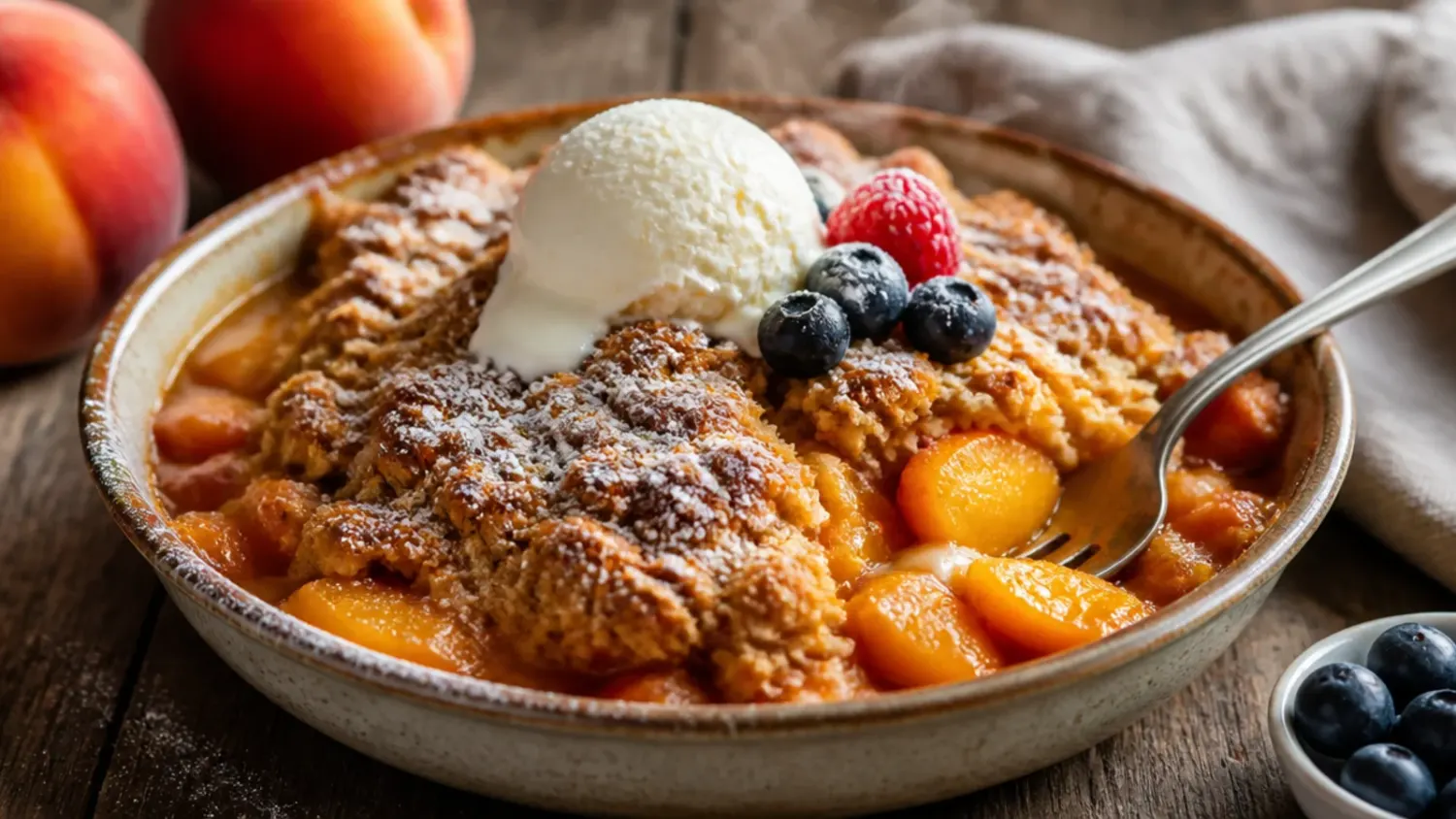 A golden fresh peach crisp in a white baking dish, topping bubbling at the edges, with a scoop of vanilla ice cream melting on top