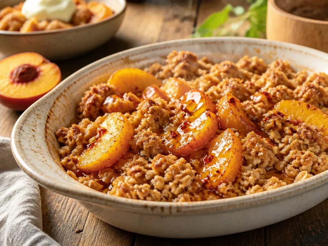 Sliced peaches being tossed with sugar and cornstarch in a glass mixing bowl