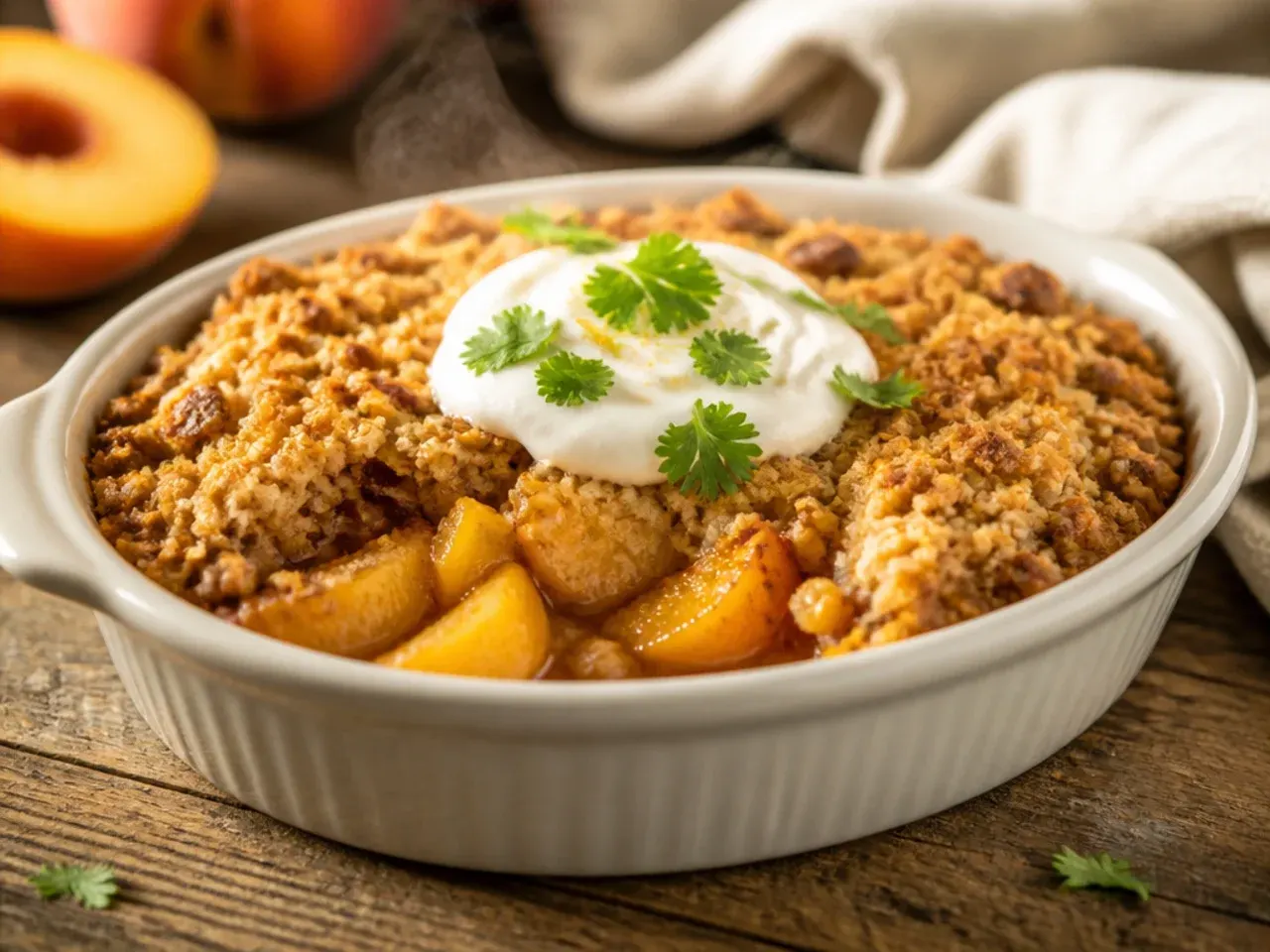 A 23cm ceramic baking dish filled with peach filling before the crisp topping is added