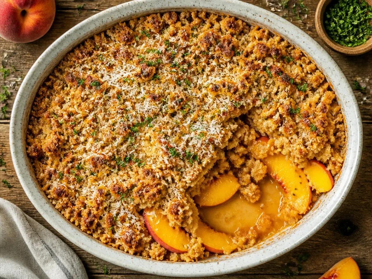 A peach crisp in the oven with visible thick bubbling filling around the edges and golden topping
