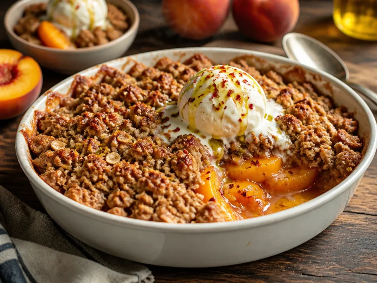 A fresh peach crisp resting on a wire cooling rack on the kitchen counter