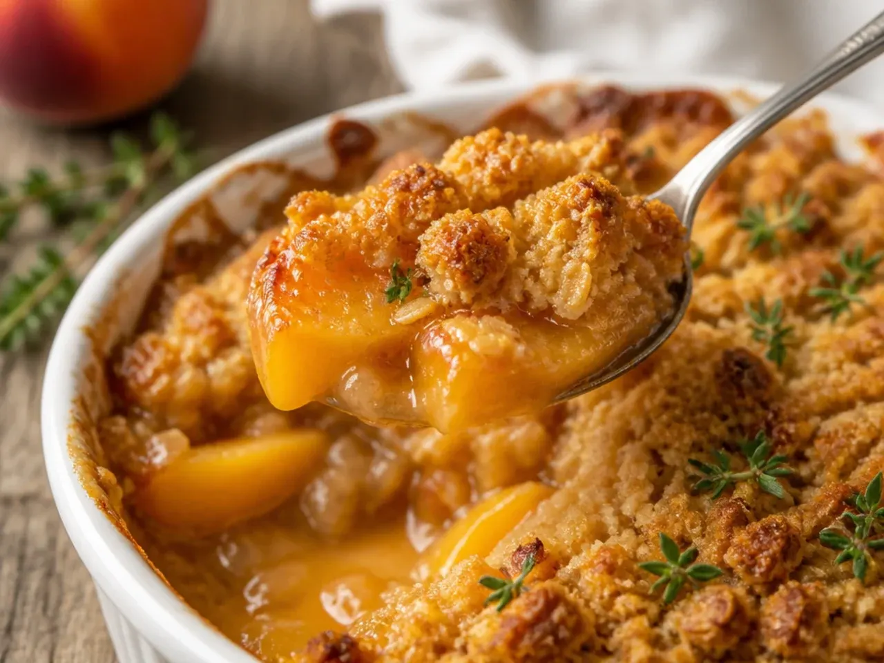 An uncovered peach crisp baking in the oven with the topping visibly drying and browning