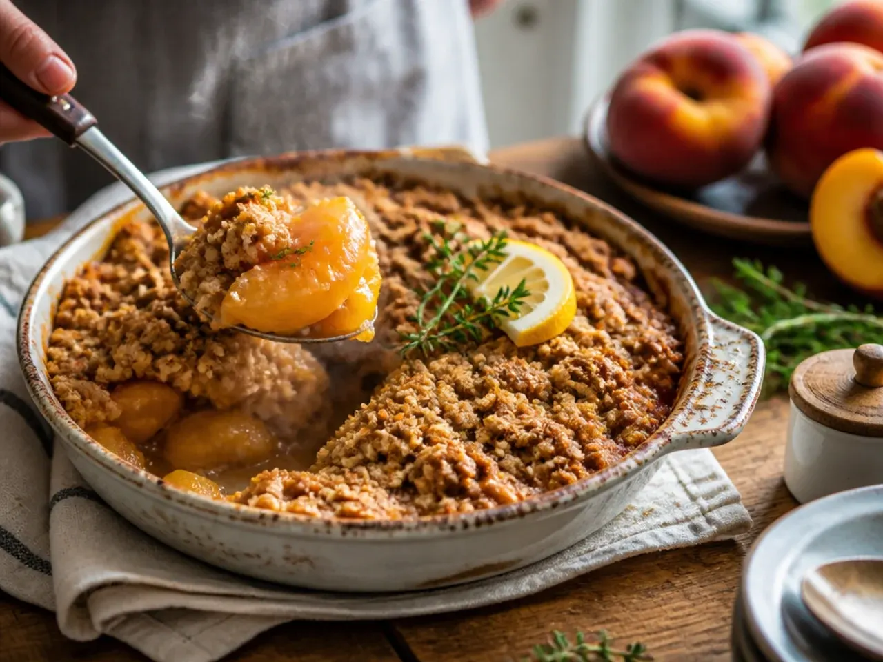 A loose sheet of foil being tented over a golden peach crisp near the end of baking