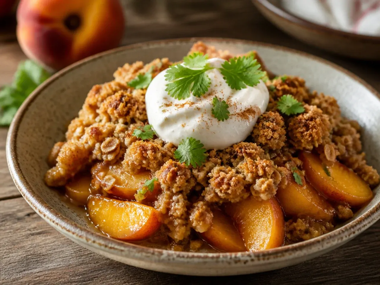 A halved ripe peach being tasted before being added to the crisp filling