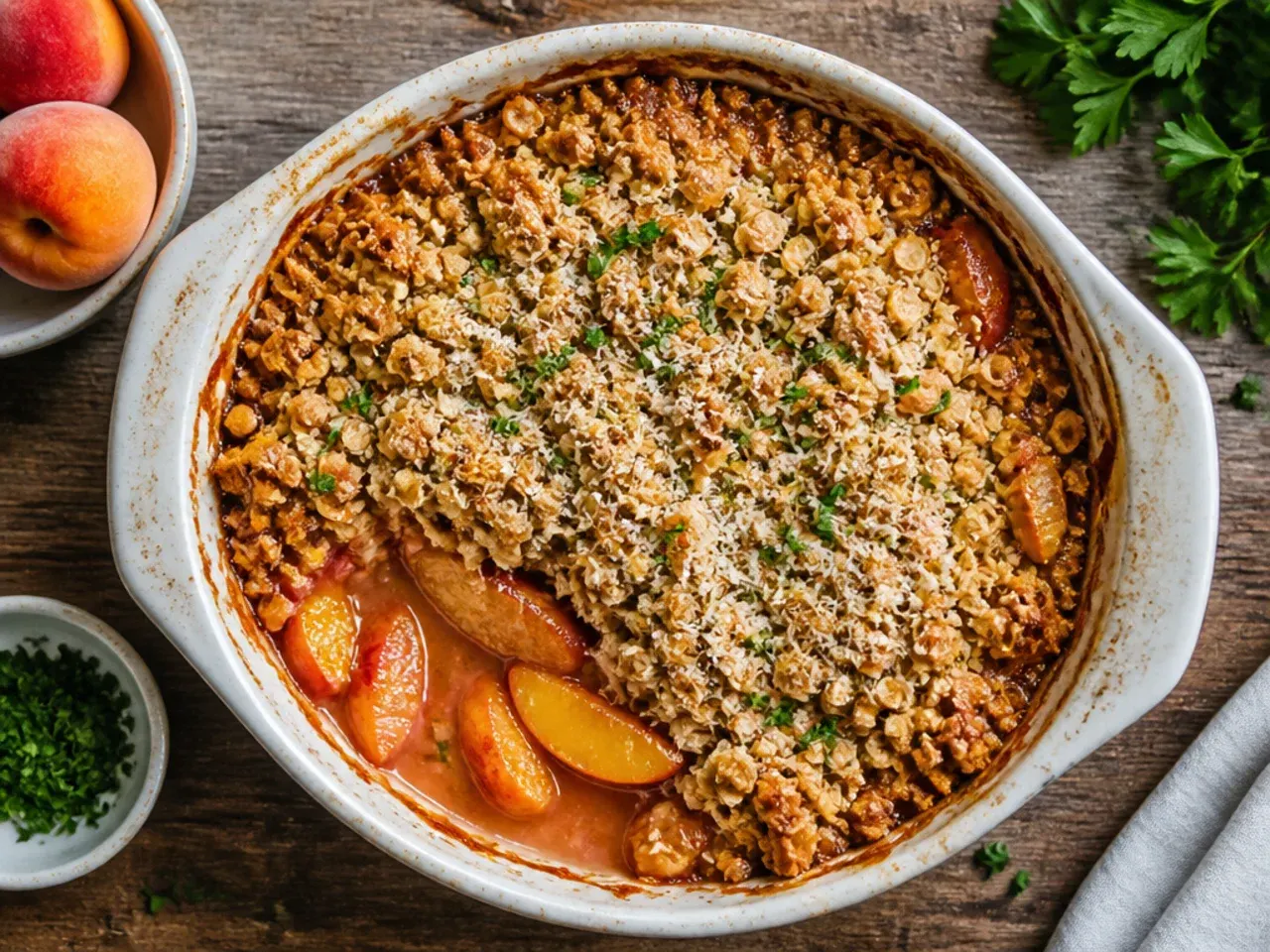 Frozen peach slices thawing in a bowl with liquid pooling at the bottom