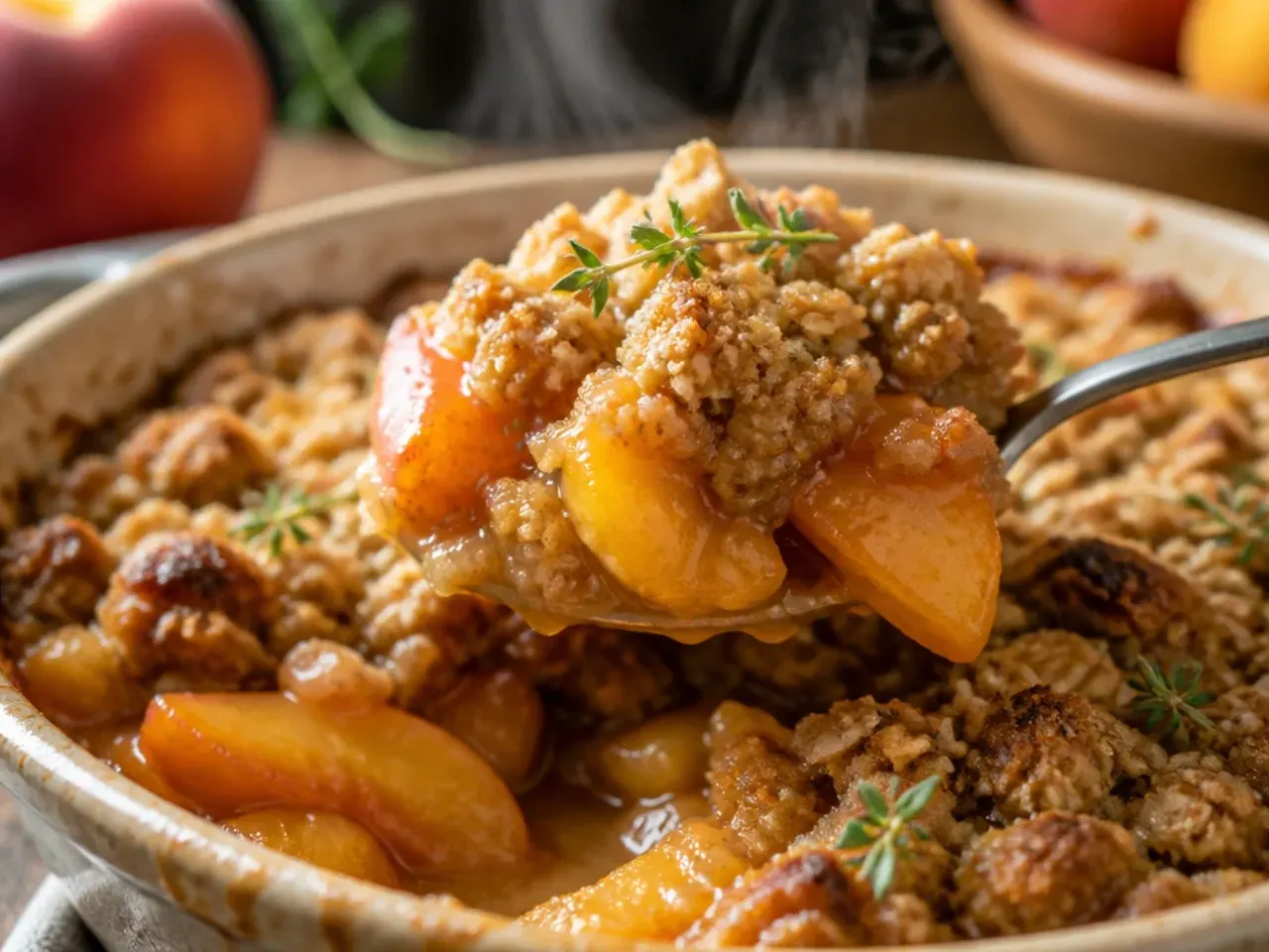 Two separate baking dishes of peach crisp side by side, prepared for a large gathering