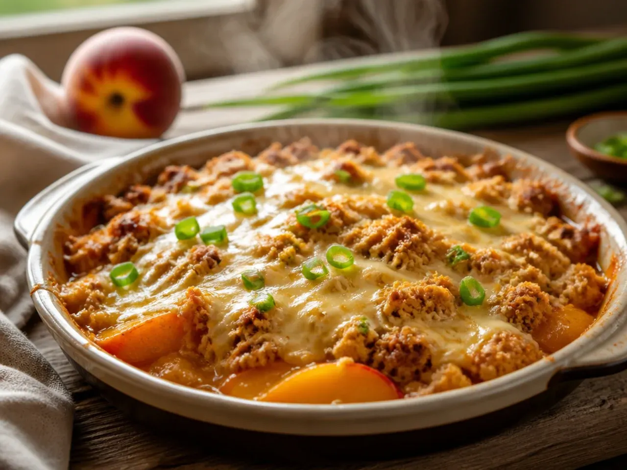 A fully cooled peach crisp being covered with an airtight lid for fridge storage