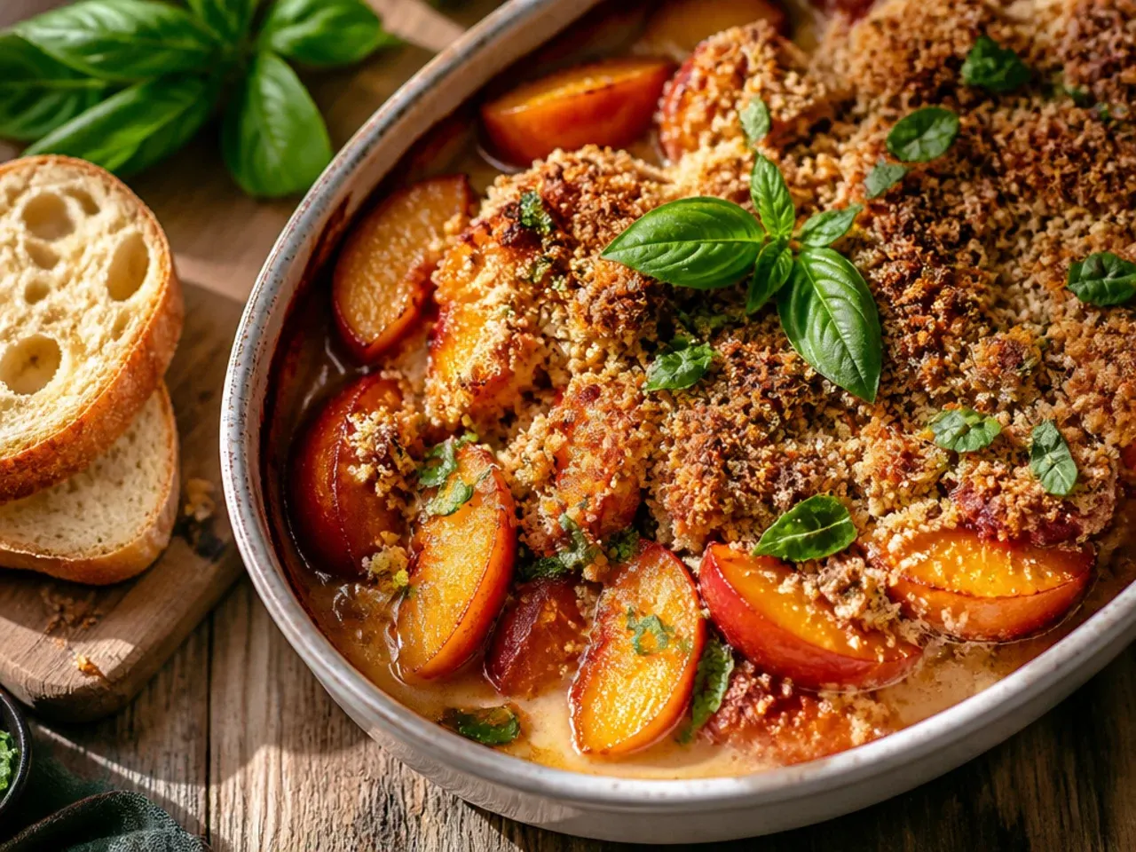 A portion of peach crisp being reheated in a small oven-safe dish in a toaster oven