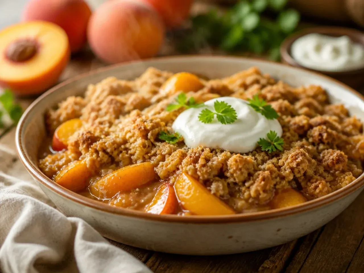A peach crisp dish wrapped tightly in plastic wrap and foil ready for the freezer
