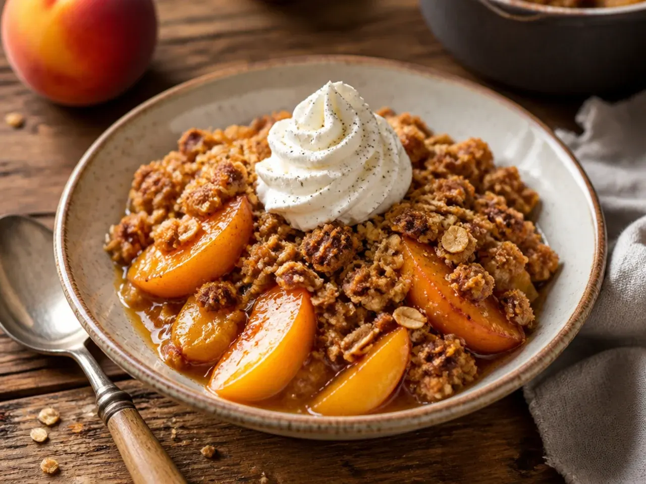 Chopped pecans being folded into oat and brown sugar crisp topping in a mixing bowl