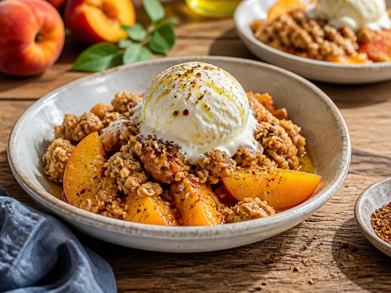 An oven thermometer hanging inside an oven next to a baking peach crisp