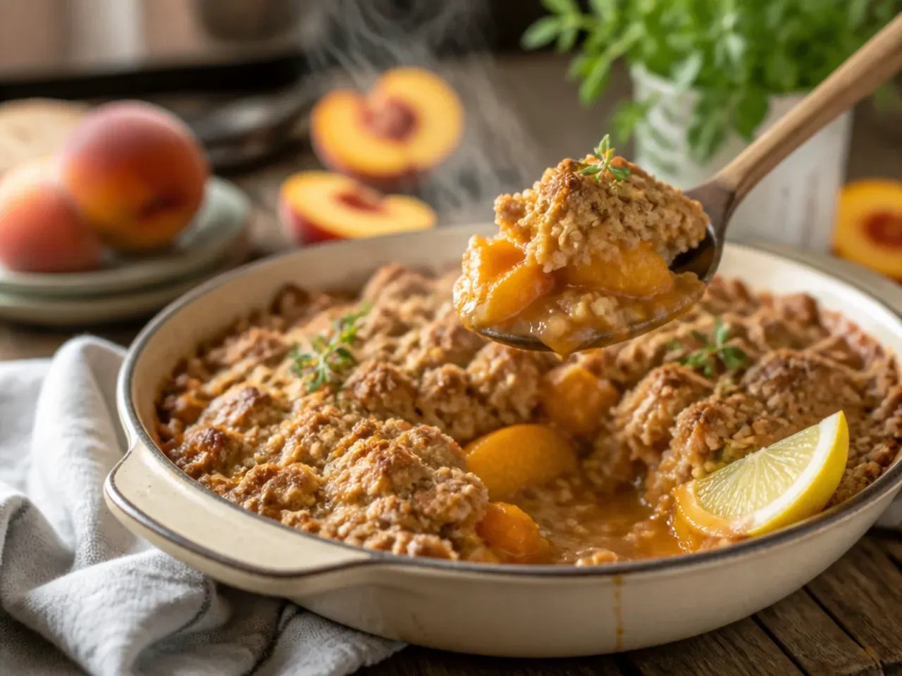 A warm serving of peach crisp in a bowl topped with a melting scoop of vanilla ice cream
