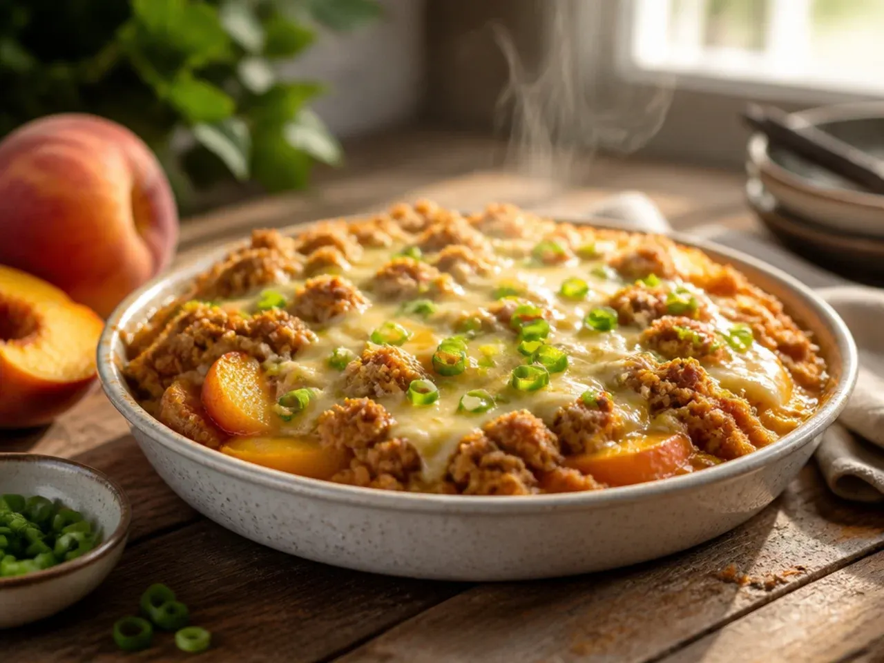 An extra small tray of baked crumble topping served alongside a peach crisp for topping lovers