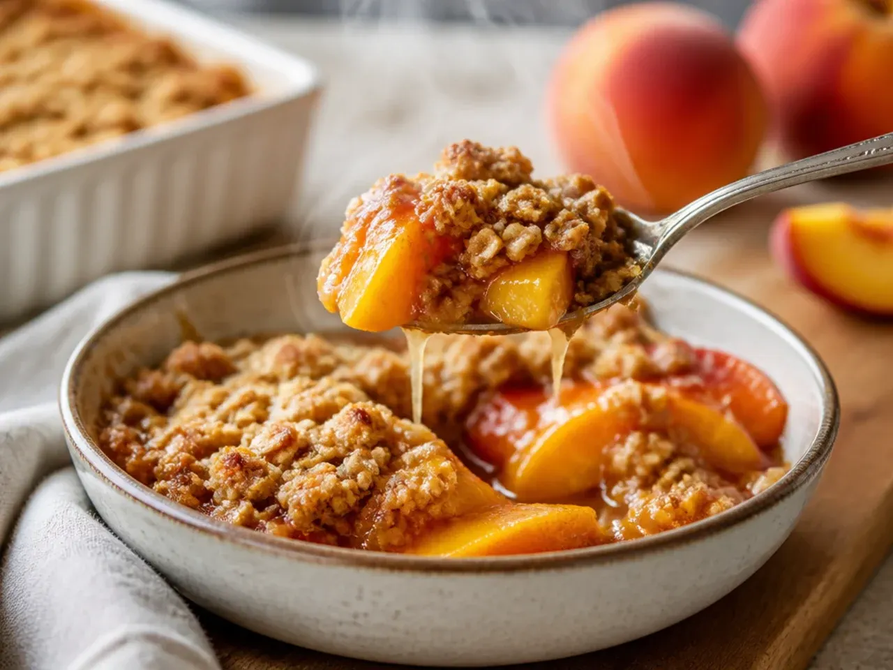 A finished fresh peach crisp cooling on a kitchen counter with two spoons ready beside it