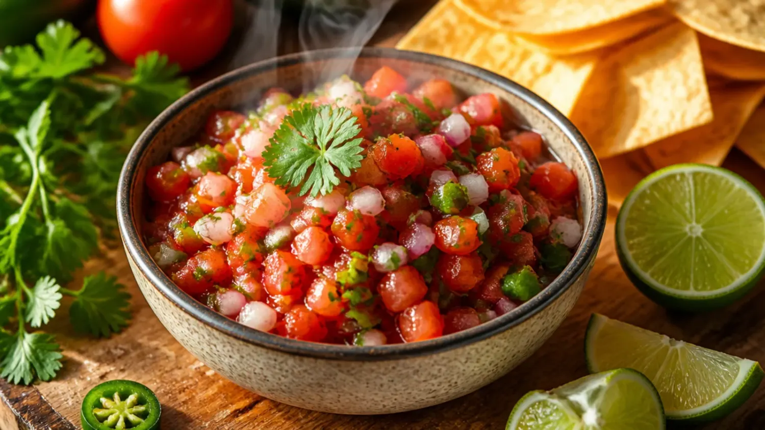 A rustic wooden bowl of chunky fresh salsa with diced tomatoes, red onion, jalapeño and coriander, surrounded by tortilla chips and lime wedges
