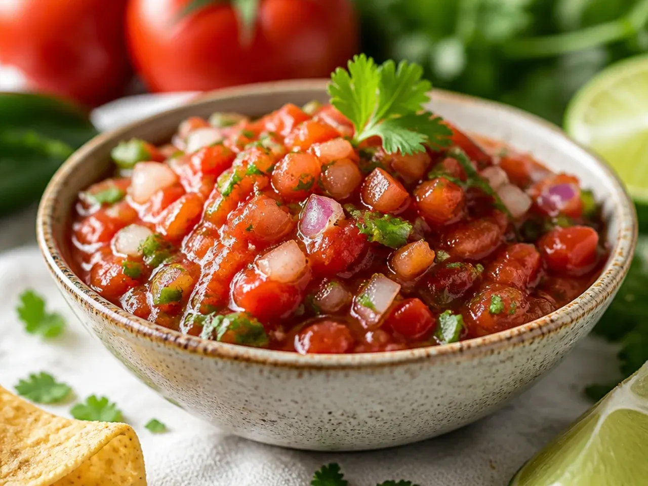 Overhead shot of several small bowls of different colourful salsa variations arranged on a wooden table