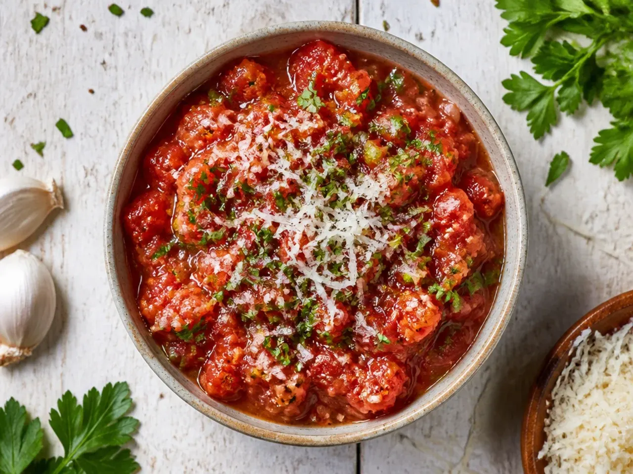 Close-up of classic chunky red tomato salsa in a bowl with a tortilla chip dipped in