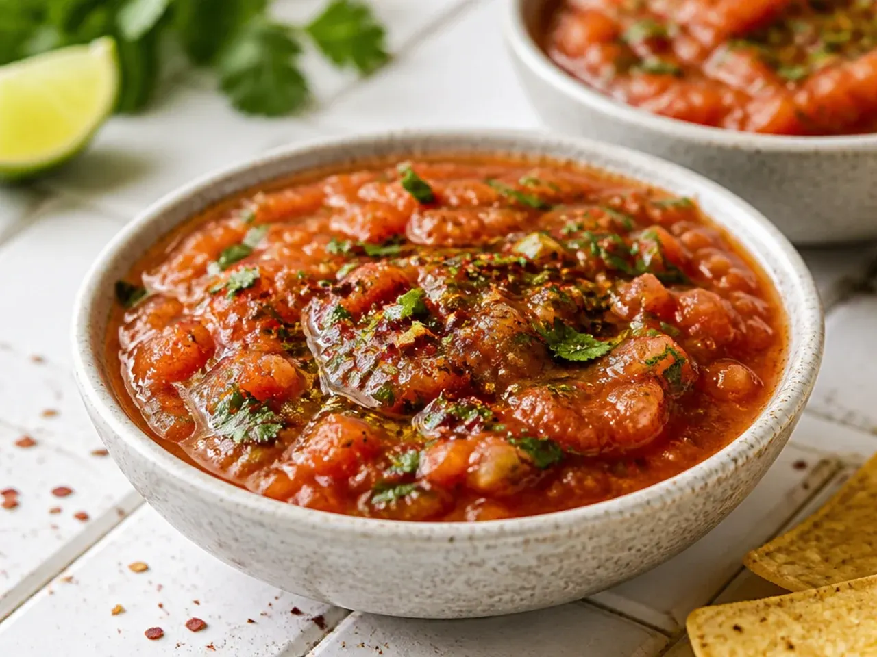 Food processor jug filled with freshly blended chunky tomato salsa