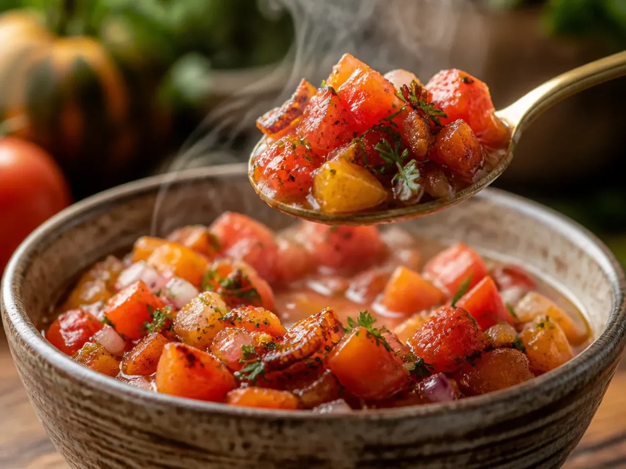 Colourful salsa made with red, yellow and green heirloom tomatoes in a ceramic bowl