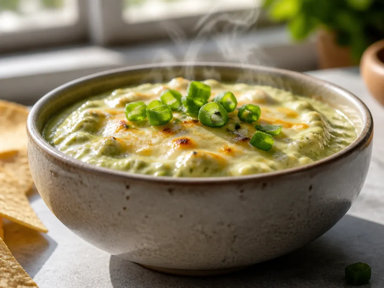 Creamy green-flecked salsa with visible chunks of avocado in a rustic bowl