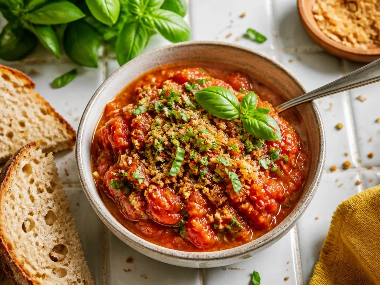 Simple diced tomato and onion salsa in a small white bowl with a lime wedge on the side