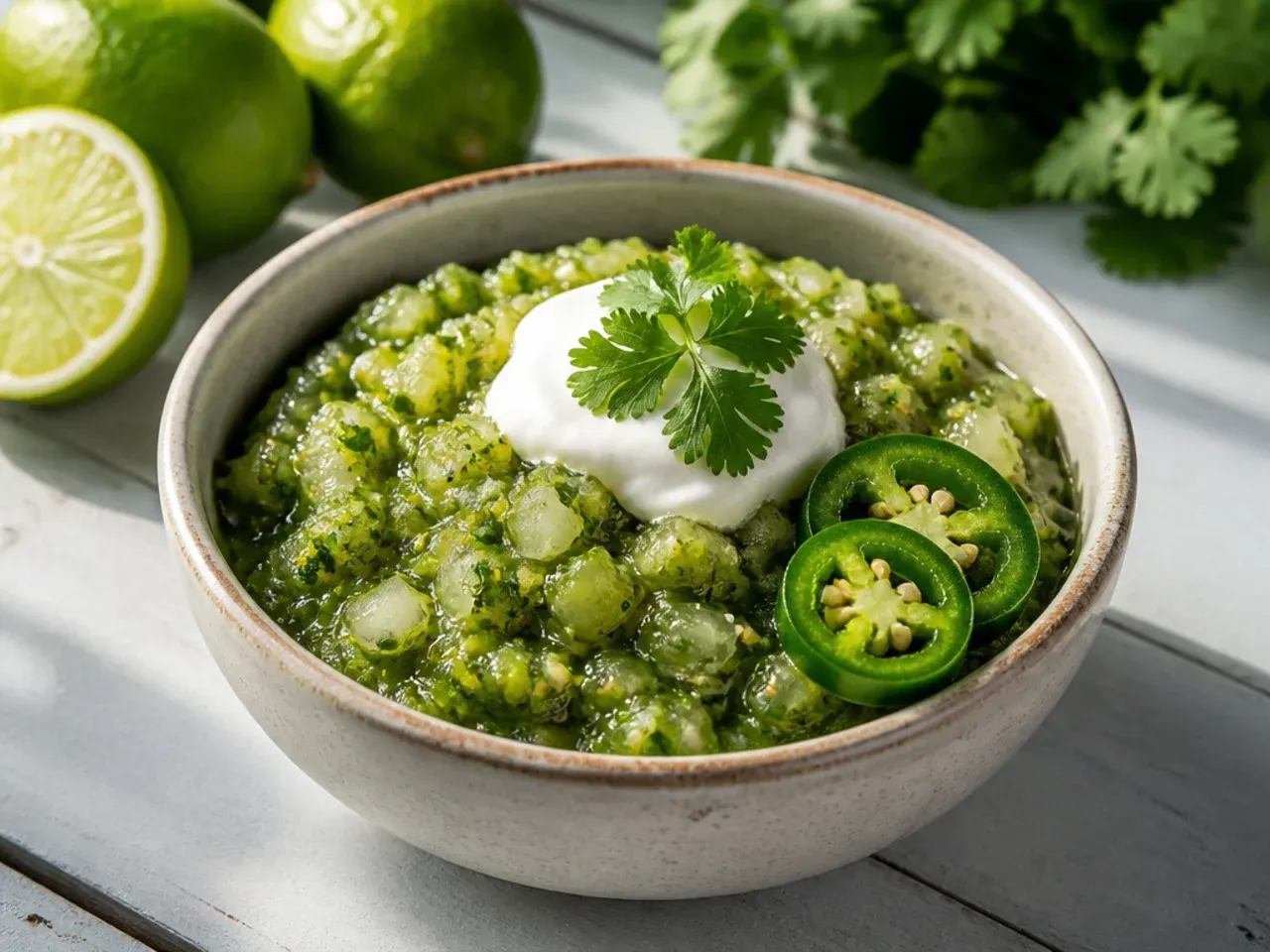 Bright green-flecked salsa with visible lime zest and jalapeño seeds in a bowl