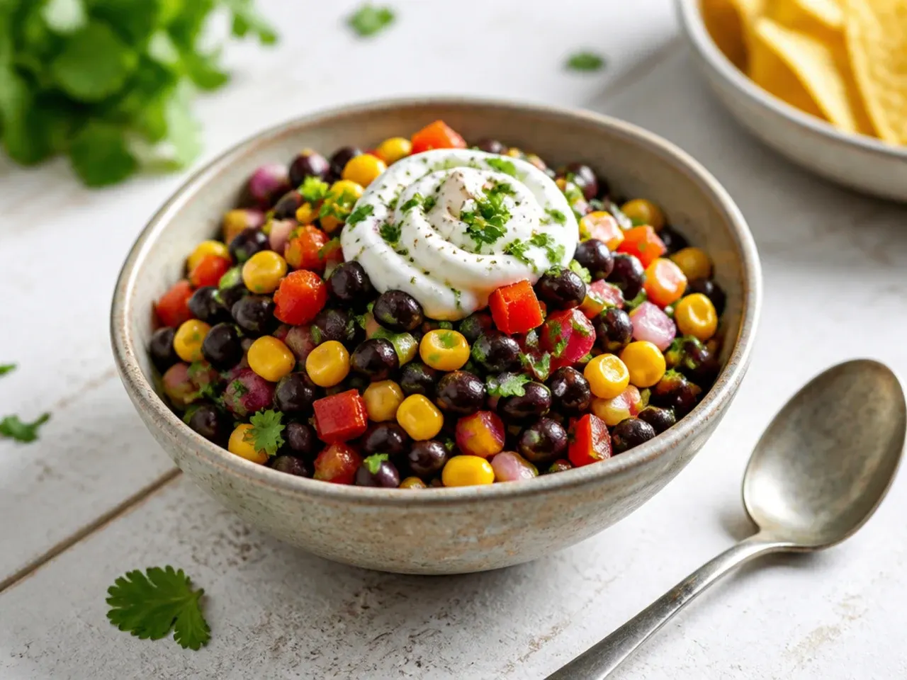 Salsa studded with black beans and charred sweetcorn kernels in a serving bowl