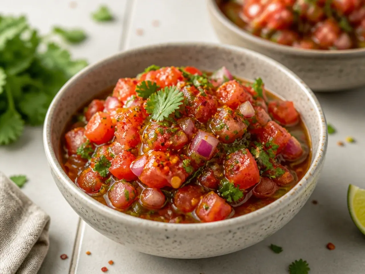 Quick weeknight salsa in a bowl next to warmed tortillas on a kitchen counter