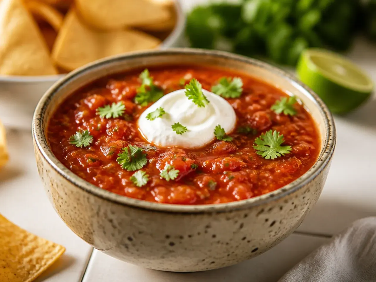 Blender jug with smooth tinned tomato salsa being poured into a serving bowl
