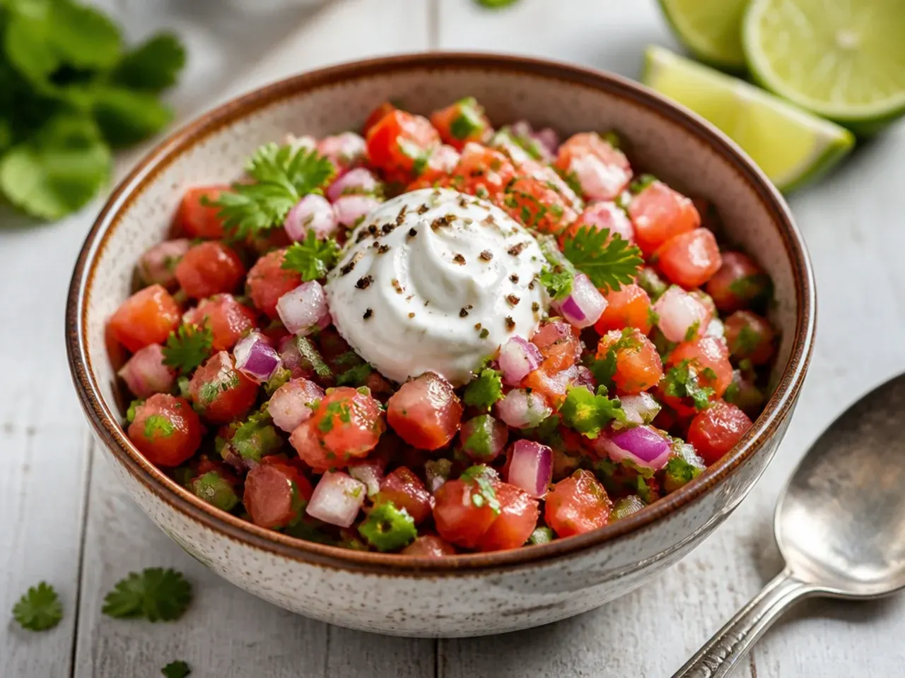 Neatly diced dry pico de gallo piled on top of grilled steak tacos