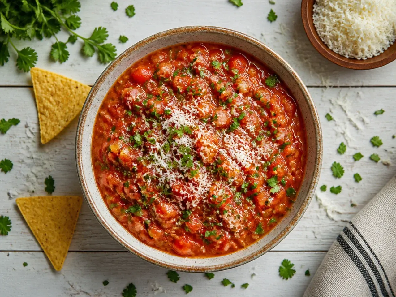 Single mixing bowl with freshly diced salsa ingredients being stirred together