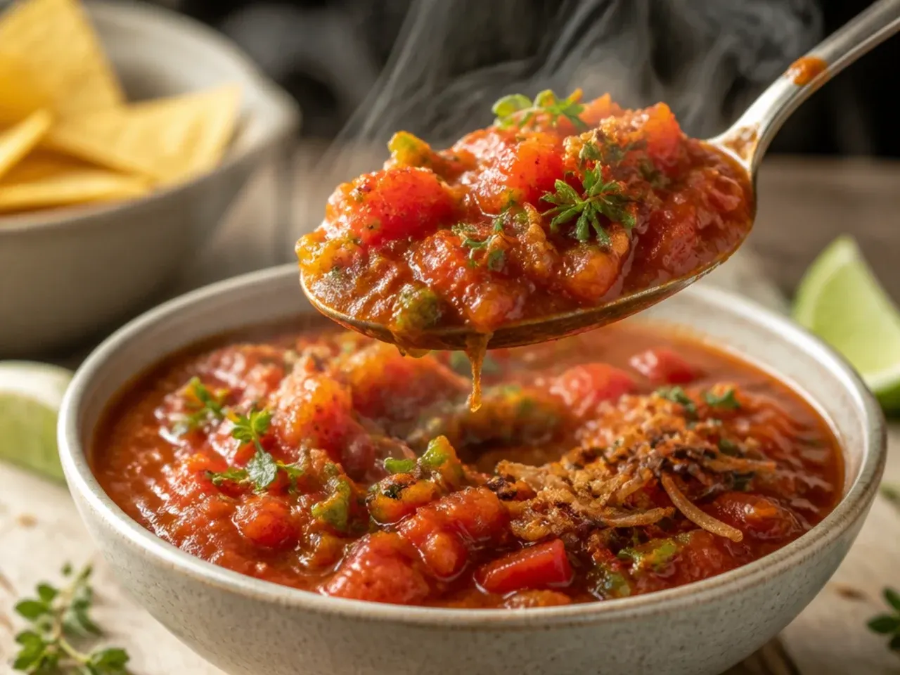 Small saucepan of gently warmed salsa steaming on the hob
