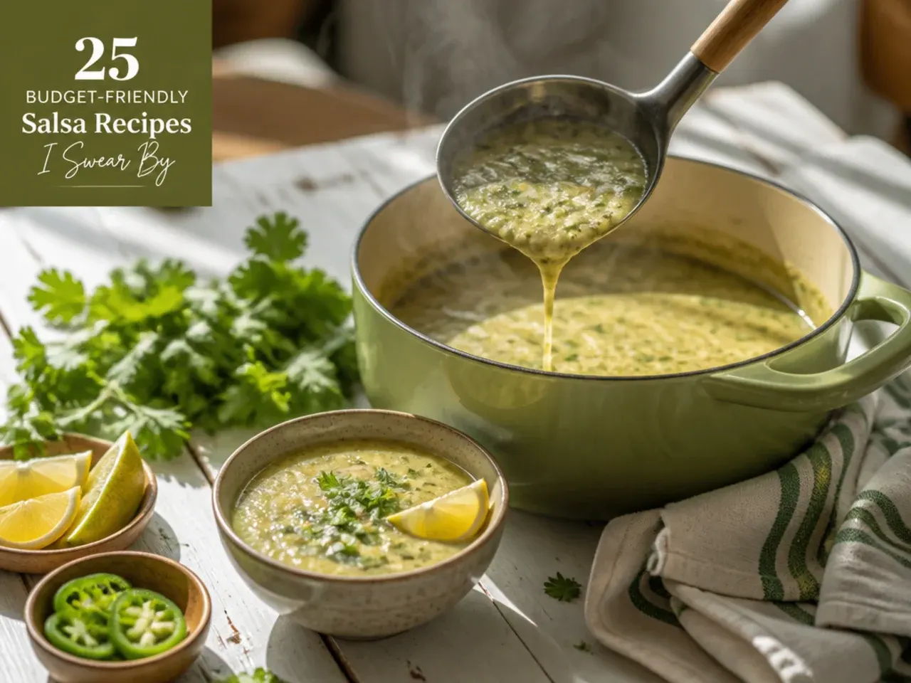 Pale green creamy salsa verde in a bowl garnished with a swirl of soured cream
